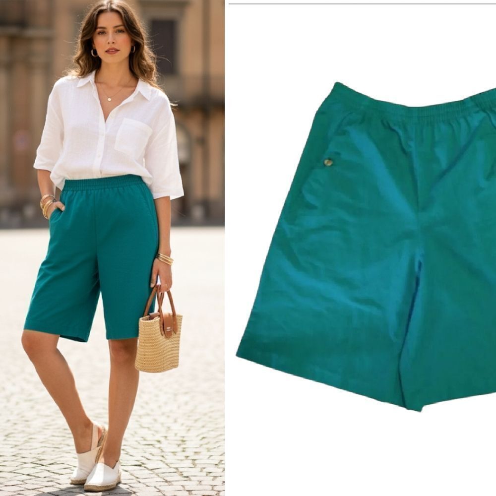VTG 80s Green Ultra High Rise Pull On Bermuda Mom Shorts with Pockets Size 12